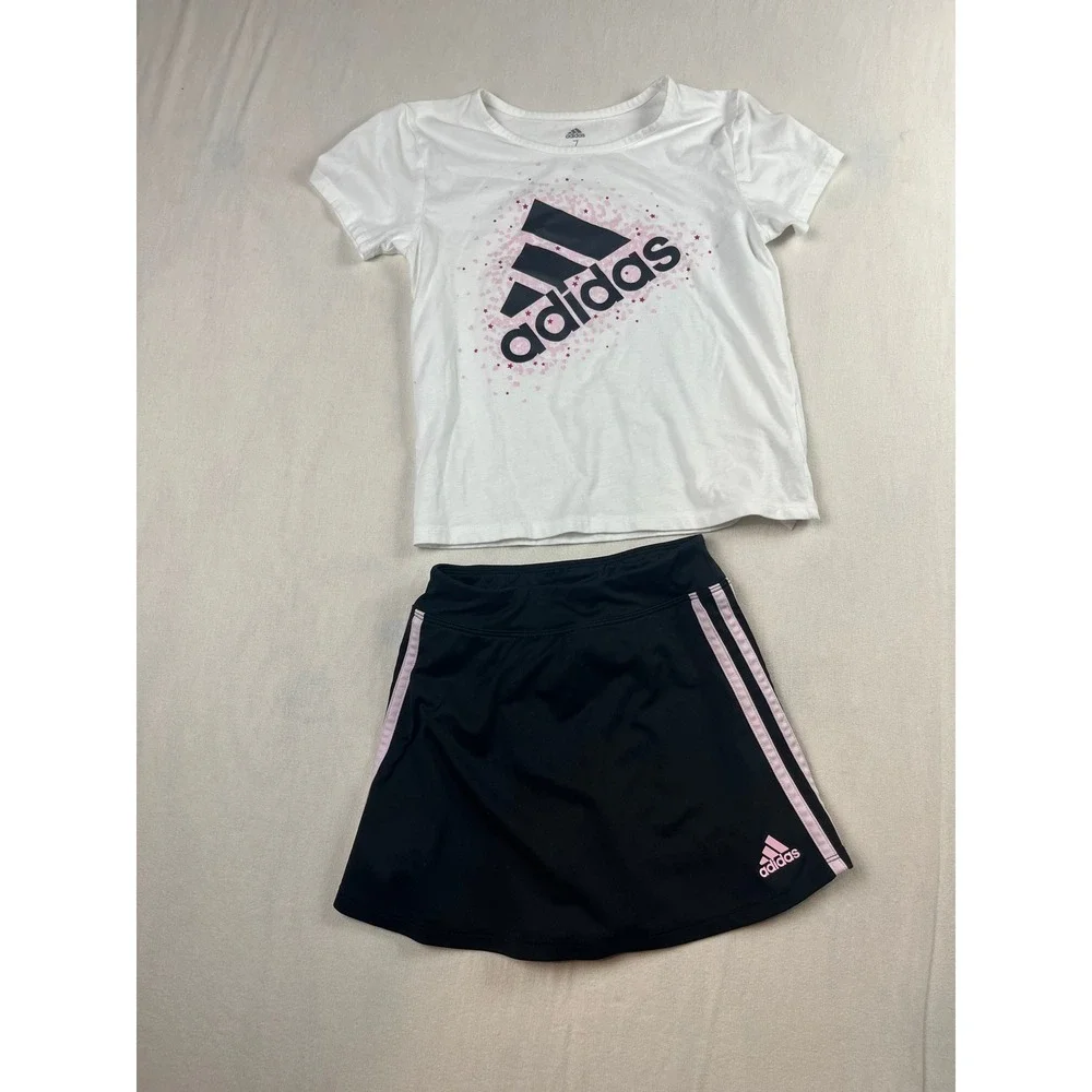 Adidas Girls 2 Piece Set White Graphic Tee Black Pink Stripe Skort Size 7
